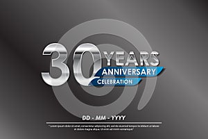 30th years anniversary celebration emblem. anniversary elegance silver logo isolated with blue ribbon, vector illustration