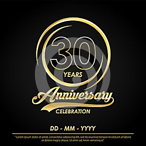 30th years anniversary celebration emblem. anniversary logo with elegance of golden ring on black background, vector illustration