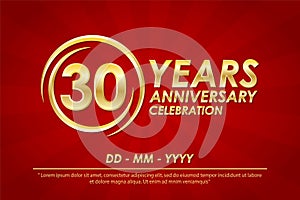 30th years anniversary celebration emblem. anniversary logo with elegance of golden ring on black background, vector illustration