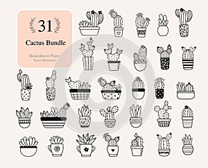 31 Cactus Bundle Plants. Cactus with flowers Files For Silhouette. Vector set of bright cacti, aloe and leaves. Collection of