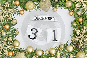 31 december perpetual calendar. Happy new year greeting card design Green frame made of Christmas trees and golden