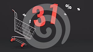 31 percent discount flying out of a shopping cart on a black background. Concept of discounts, black friday, online sales. 3d