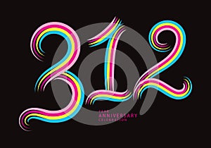 312 number design vector, graphic t shirt, 312 years anniversary celebration logotype colorful line,312th birthday logo, Banner