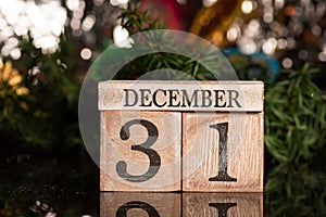 31st December sign for New Year winter holiday festive background and ornaments