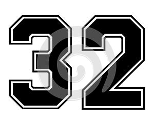 32 Classic Vintage Sport Jersey Number in black number on white background for american football, baseball or basketball