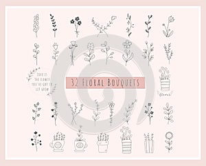 32 Floral Bouquets Bundle. flowers hand drawn, minimalist, wildflowers Wreath, field plants, Flower pot for logo, printing, cricut