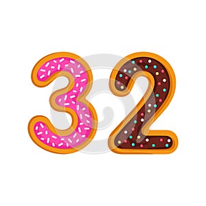 32 number sweet glazed doughnut vector illustration
