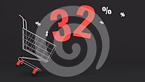 32 percent discount flying out of a shopping cart on a black background. Concept of discounts, black friday, online sales. 3d