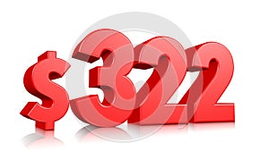322$ Three hundred twenty-two price symbol. red text number 3d render with dollar sign on white background