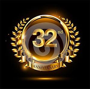 32nd golden anniversary logo with ring & ribbon, luxury laurel wreath