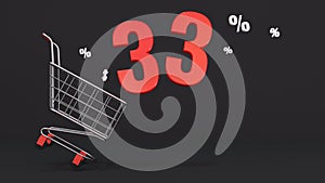 33 percent discount flying out of a shopping cart on a black background. Concept of discounts, black friday, online sales. 3d