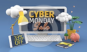 33 Thirty three percent off - Cyber monday sale 3D illustration in cartoon style.
