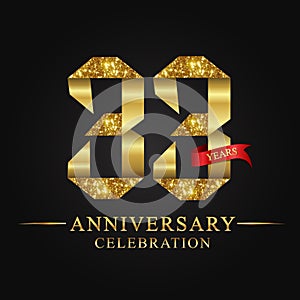33rd anniversary years celebration logotype. Logo ribbon gold number and red ribbon on black background.