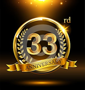 33rd golden anniversary logo with ring and ribbon, laurel wreath