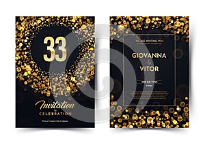33rd years birthday vector black paper luxury invitation double card. Thirty three years wedding anniversary celebration