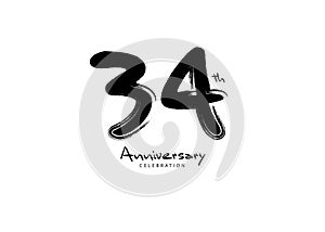 34 Years Anniversary Celebration logo black paintbrush vector, 34 number logo design, 34th Birthday Logo, happy Anniversary,