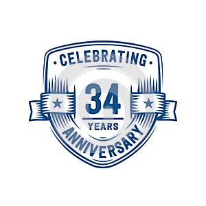 34 years anniversary celebration shield design template. 34th anniversary logo. Vector and illustration.