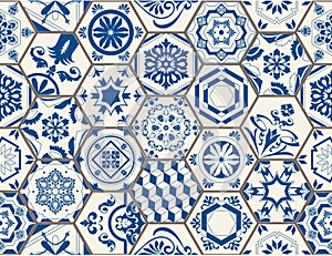 341_Indigo Blue Flower Azulejos Pattern Lisbon Set Paint Tile Floor Oriental Spain Collection Seamless Pattern