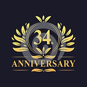 34th Anniversary Design, luxurious golden color 34 years Anniversary logo