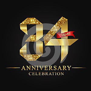 34th anniversary years celebration logotype. Logo ribbon gold number and red ribbon on black background.