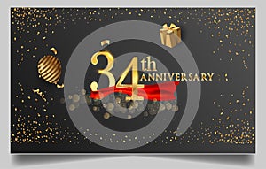 34th years anniversary design for greeting cards and invitation, with balloon, confetti and gift box, elegant design with gold and
