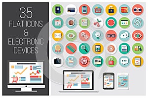 35 flat web icons and 4 electronic devices