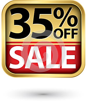 35% off sale golden label with red ribbon,vector illustration