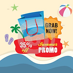 35% off summer sale promotion vector illustration. shopping bag icon with text label and sand beach background design