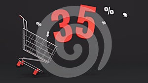 35 percent discount flying out of a shopping cart on a black background. Concept of discounts, black friday, online sales. 3d