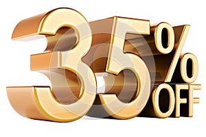 35 percent discount. Golden 35 percent off, text. Discount and sale, concept. 3D rendering