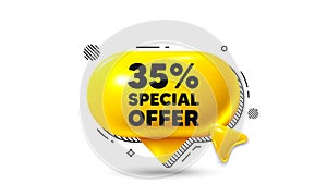 35 percent discount offer. Sale price promo sign. Click here speech bubble 3d icon. Vector