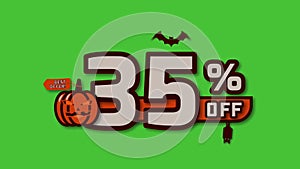 35 percent off animated halloween discount text on a green screen