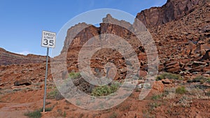 35-speed limit sign in a red rocks park under the blue sky