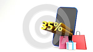 35% symbol with shopping bag and smartphone , 3D render isolated background