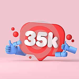 35 thousand followers social media banner thumbs up. 3D Rendering