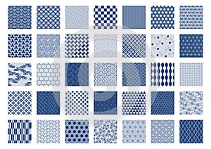 35 traditional Japanese patterns. Set of blue square icons. Vector illustration.