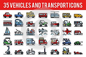 35 Vehicle and transport outline color icons