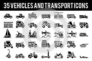 35 Vehicle and transport solid icons sign and symbols.