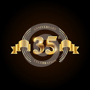 35 years anniversary celebration logotype. Golden anniversary emblem with ribbon. Design for booklet, leaflet, magazine, brochure