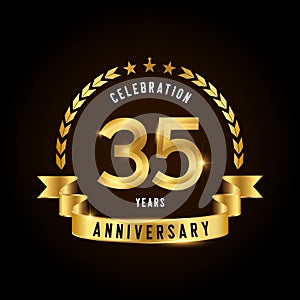 35 years anniversary celebration logotype. Golden anniversary emblem with ribbon. Design for booklet, leaflet, magazine, brochure