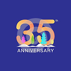 35 years anniversary celebration logotype. Multicolor number with modern leaf and snow background. Design for booklet, leaflet,