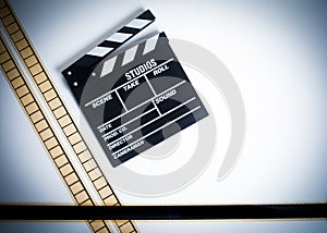 35mm movie filmstrip with clapper board, vintage color, horizont