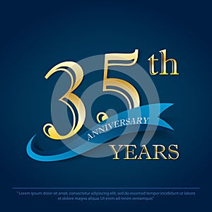 35th years anniversary celebration emblem. anniversary elegance golden logo with blue ribbon on dark blue background, vector