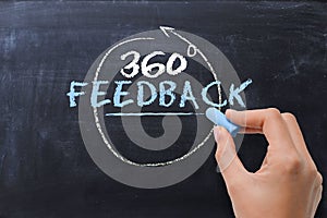 360 degree feedback concept, handwriting on blackboard