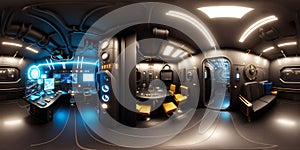 360 degree full panorama of cyberpunk spaceship interior HDRI