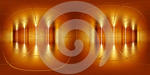 360 degree full panorama environment map of abstract orange retro futuristic design room with tiles and bright lighting