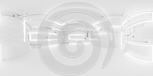 360 degree full panorama environment map of bright white studio futuristic light interior with metallic reflections 3d