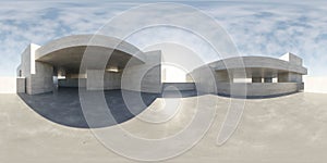 360 degree full panorama environment map of concrete exterior architecture building environment with sky and sun light