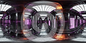 360 degree full panorama environment map of dark abstract tehcnology space station floor with neon light 3d render