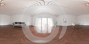 360 degree full panorama environment map of living room studio with plant and view with big windows and bright lighting